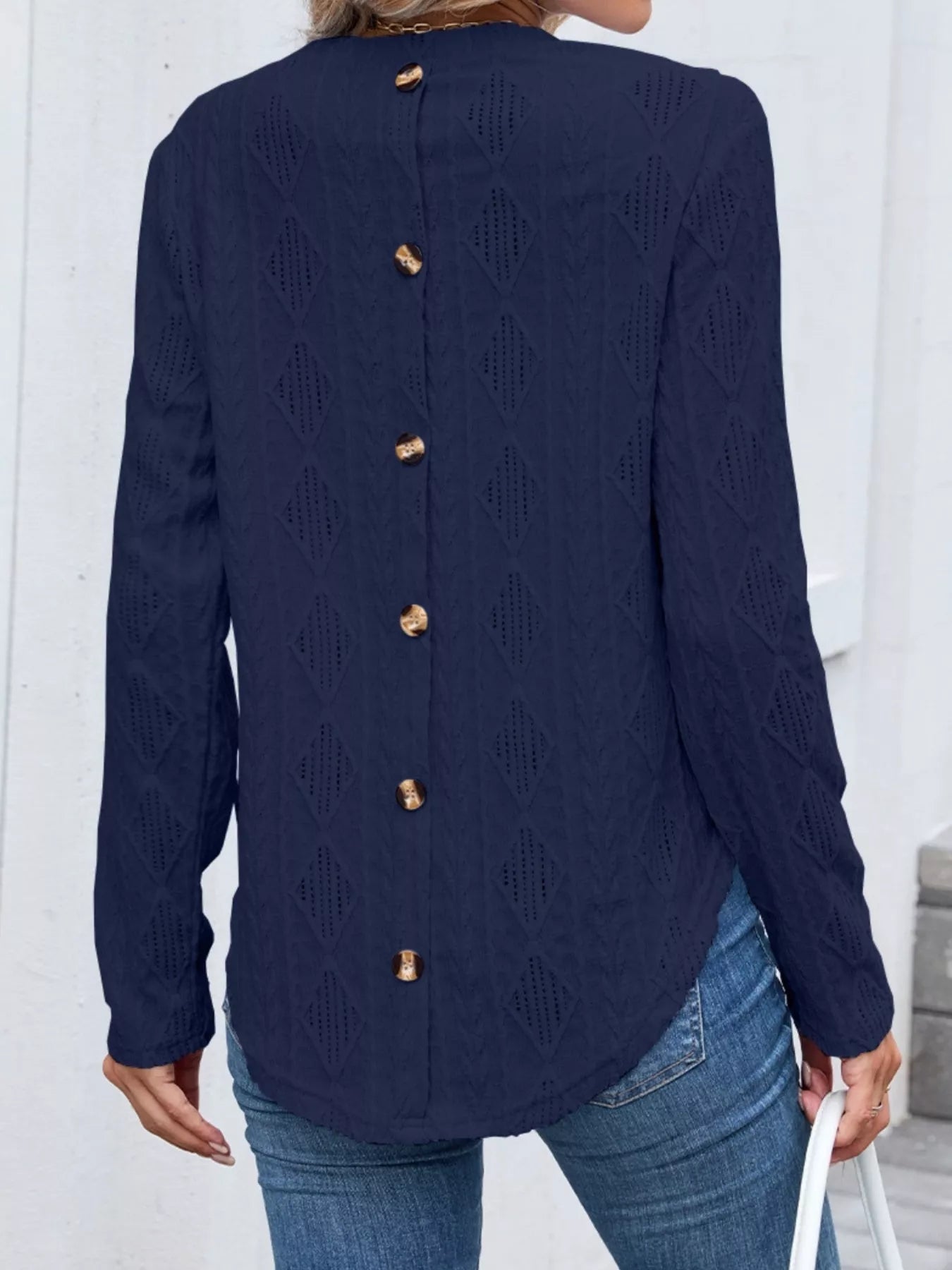 Sarah Express Women's Diamond Pattern Openwork Knit Long Sleeve Top