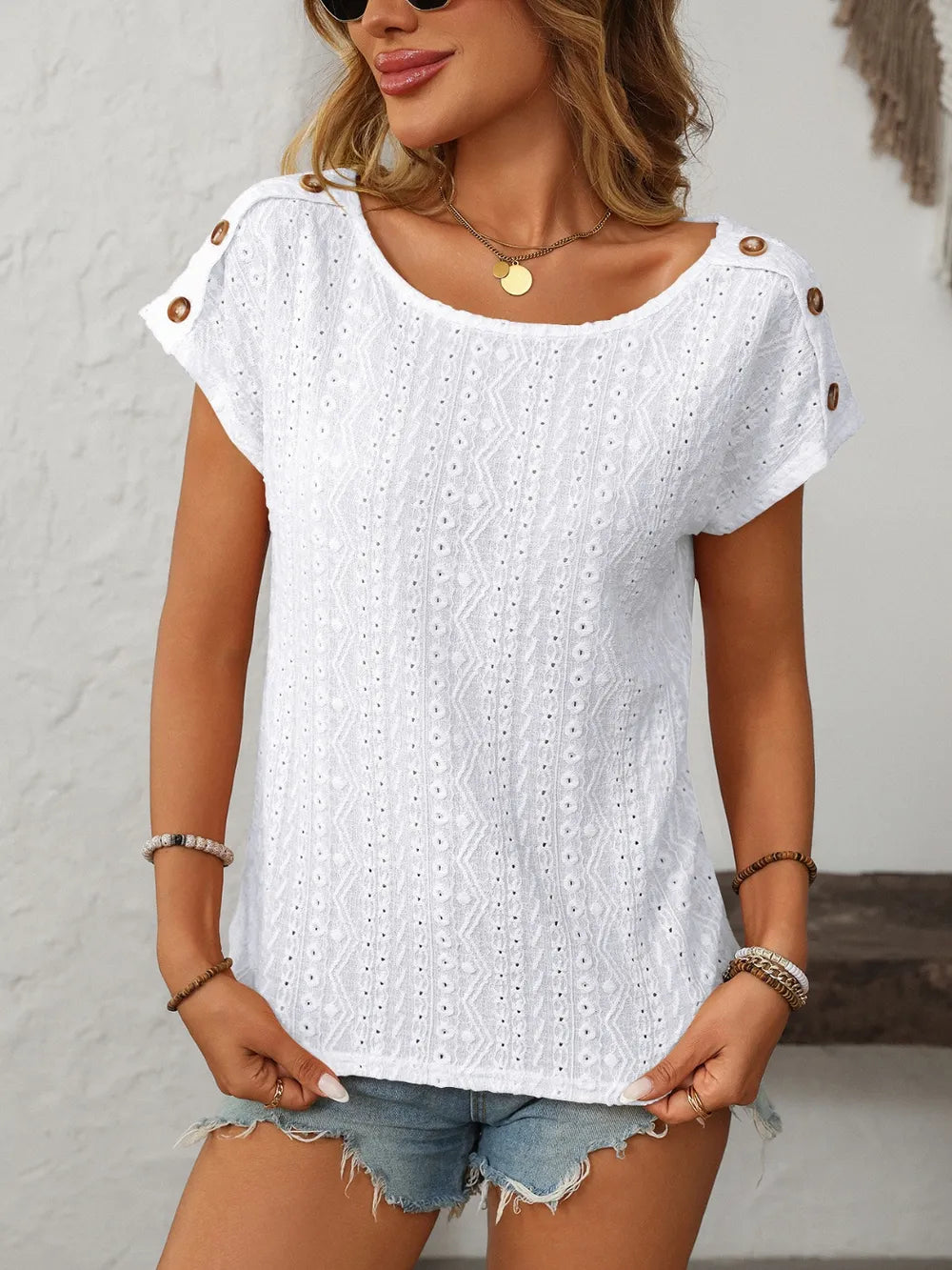 Sarah Express Women's Mandy Eyelet Round Neck Short Sleeve Top White