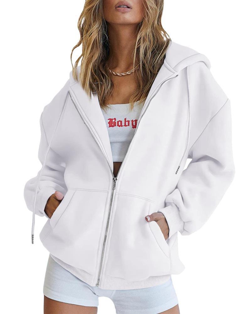Sarah Express Women's Zip Up Hoodie Solid Color Drawstring Sweatshirt Casual Long Sleeve Fall Winter Top