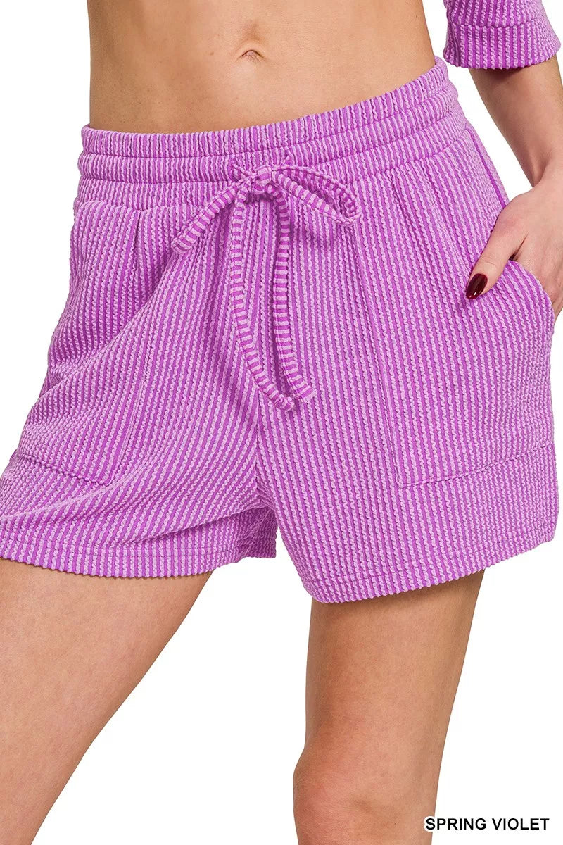 Sarah Express Women's Raised Rib Short Sleeve Tee and Drawstring Shorts Set