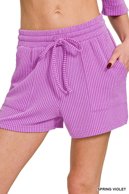 Sarah Express Women's Raised Rib Short Sleeve Tee and Drawstring Shorts Set