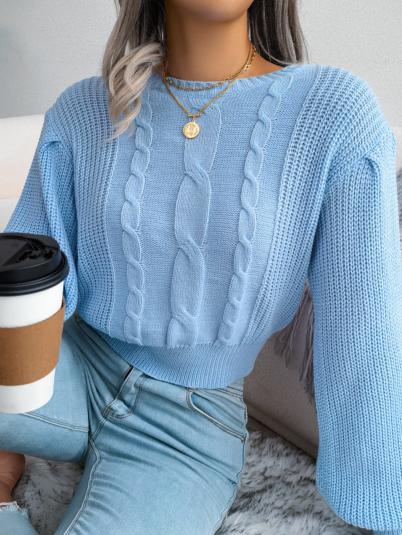 Sarah Express Women's Cable Knit Lantern Sleeve Cinched Sweater - Cozy Pullover Top