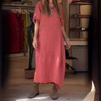 Sarah Express Women's Loose Cotton Linen Maxi Dress Short Sleeve Casual Relaxed Fit
