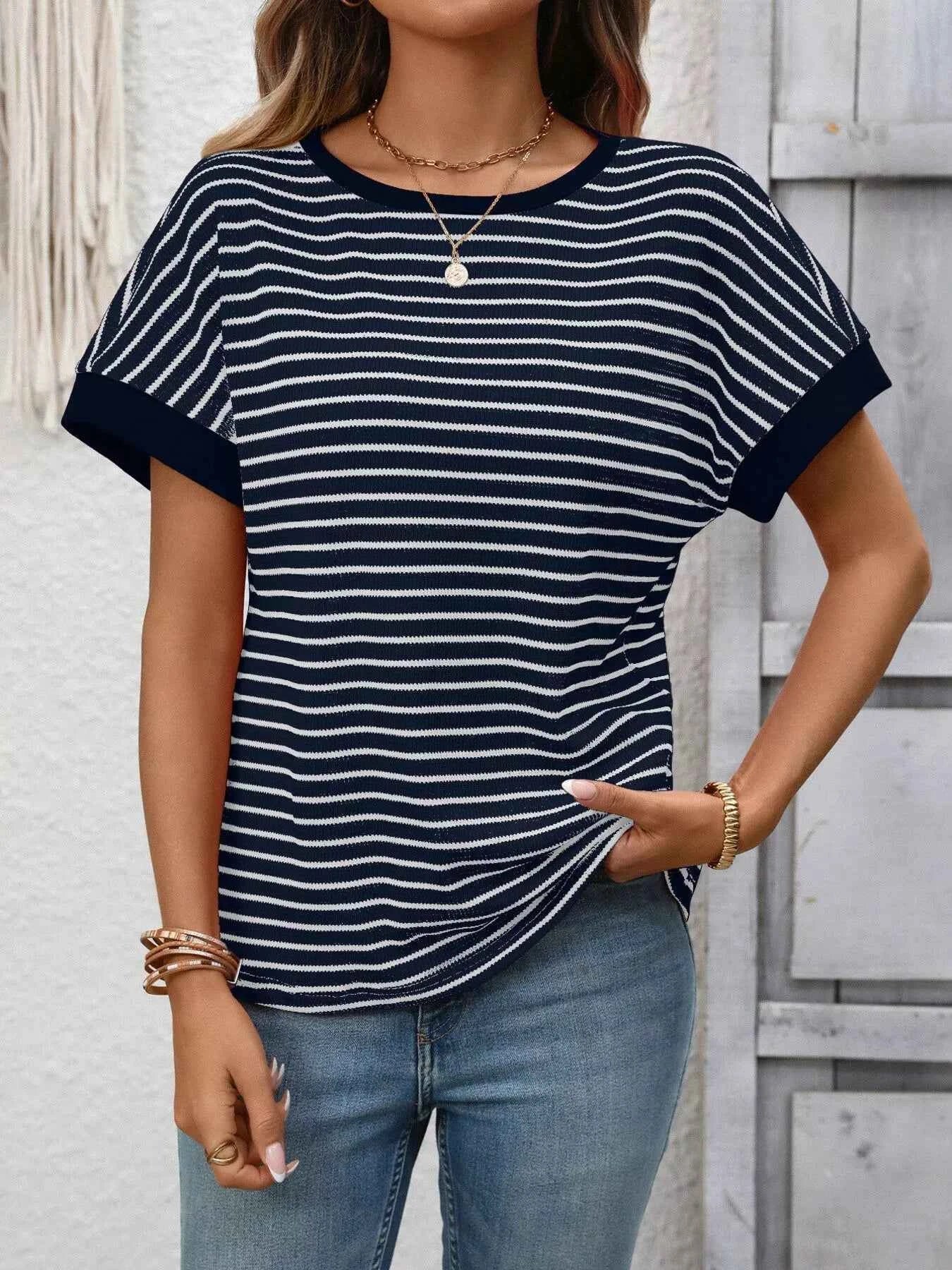 Sarah Express Women's Striped Ribbed Knit Short Sleeve T-Shirt