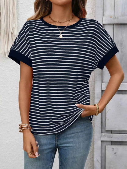 Sarah Express Women's Striped Ribbed Knit Short Sleeve T-Shirt