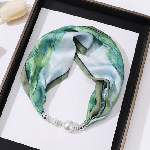 Sarah Express Magnetic Buckle Silk Scarf with Pearl Detail Women's Rectangular Necklace Scarf