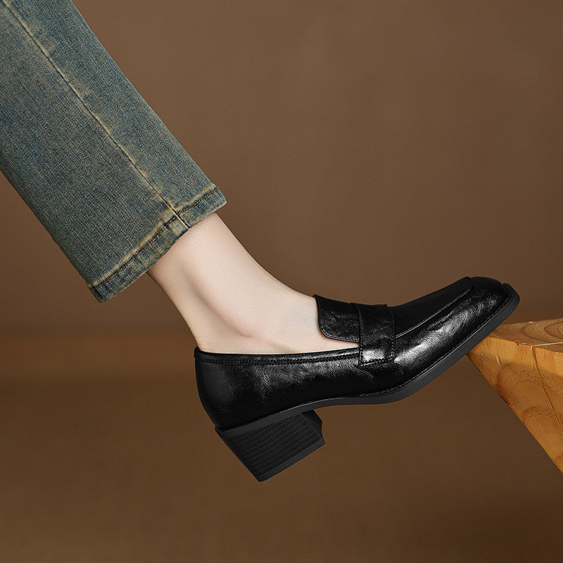 Sarah Express Women's Retro Square-Toe Chunky-Heel Slip-On Loafers – Sheepskin Leather Black