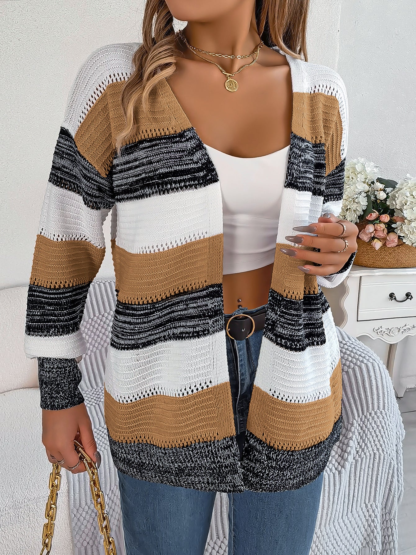 Sarah Express Women's Color Block Stripe Cardigan Sweater with Lantern Sleeves