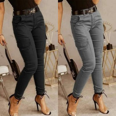 Sarah Express Women's Low Waist Cotton Blend Cargo Overalls Loose Fit Button Detail Trousers