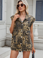 Sarah Express Women's Leopard Button Up Denim Vest Leopard
