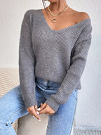 Sarah Express Women's Lace-Trimmed Back V-Neck Sweater