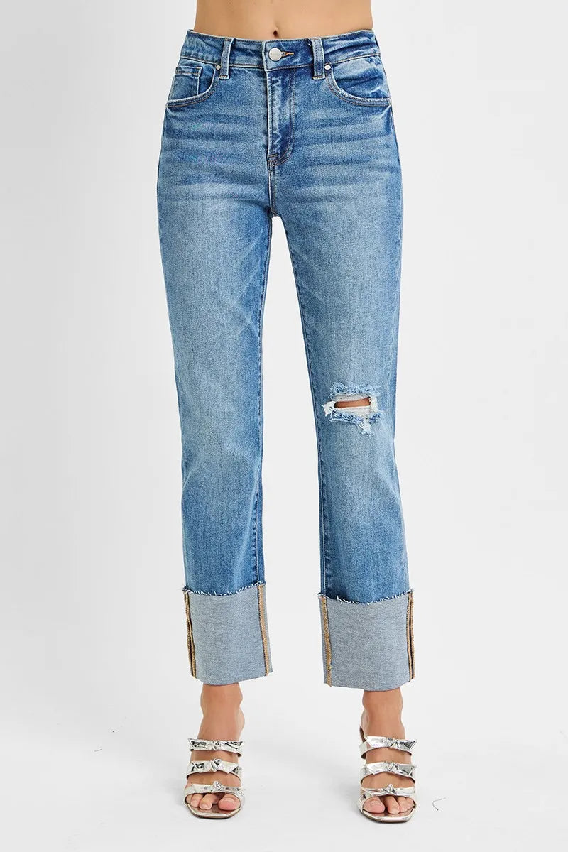 Sarah Express Women’s Plus Size High Rise Ankle Jeans with Wide Cuff
