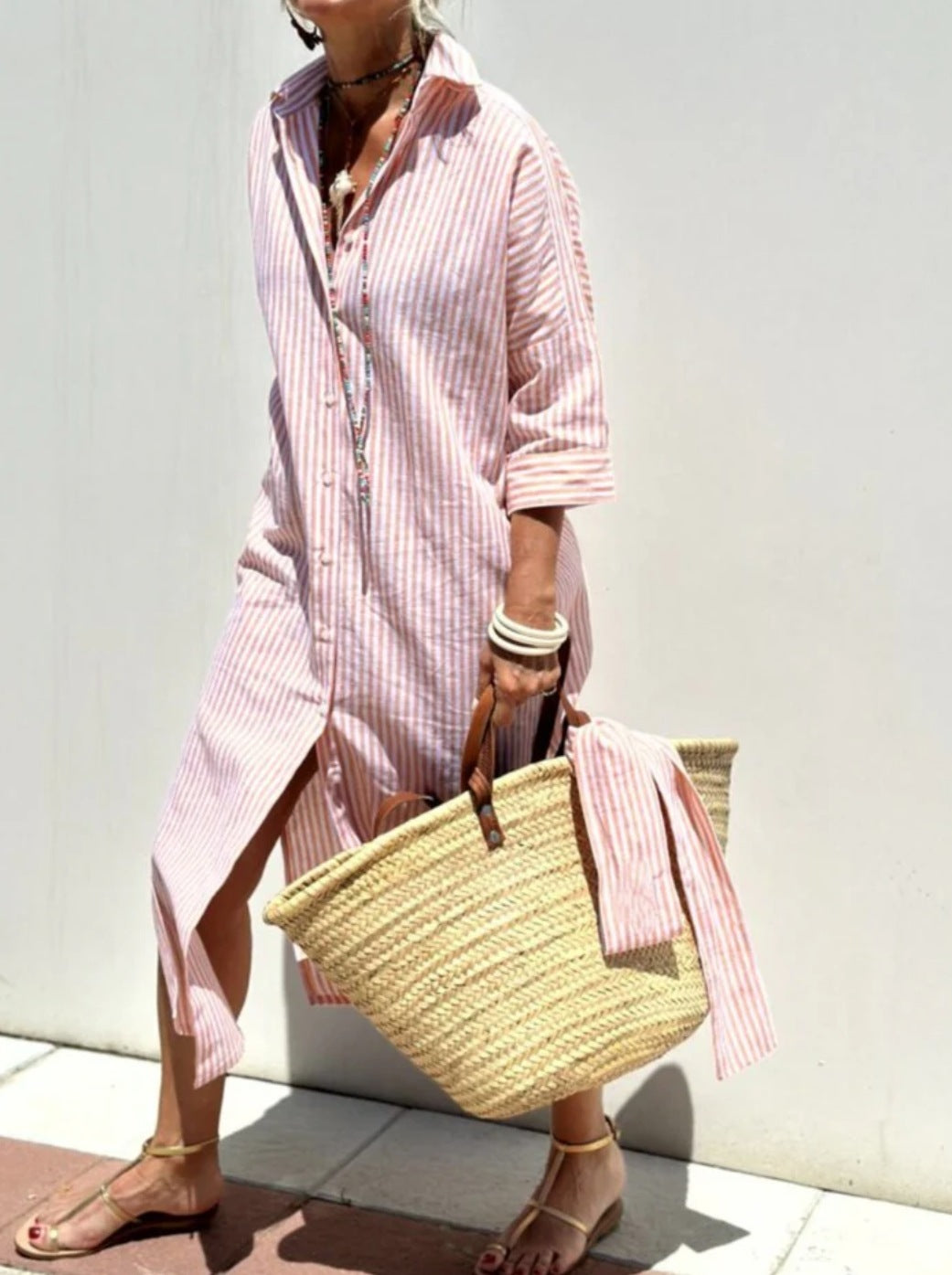 Sarah Express Women's Striped Shirt Dress Button Front Maxi with Belt