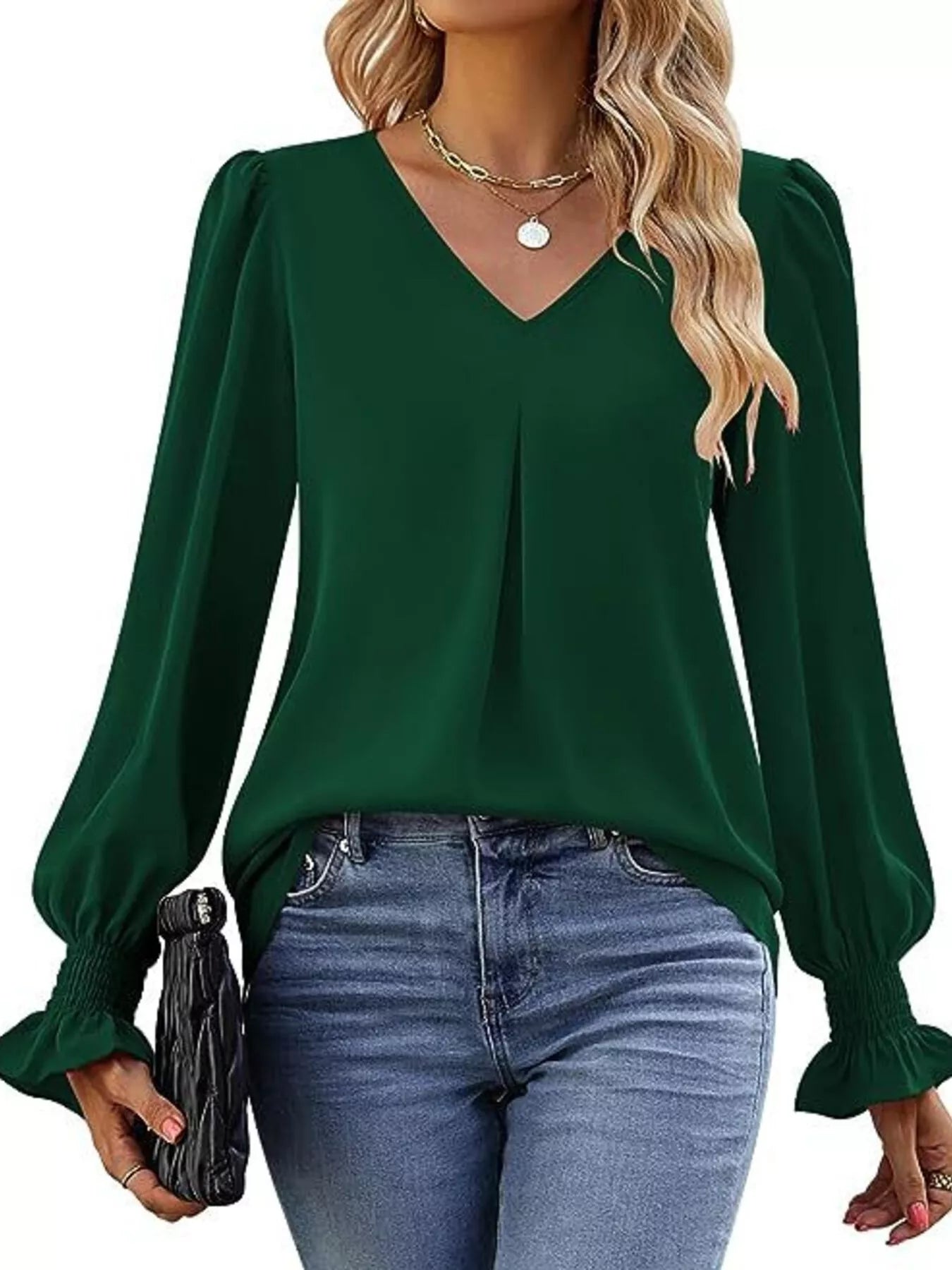 Sarah Express Women's V-Neck Long Sleeve Ruffle Cuff Blouse Green