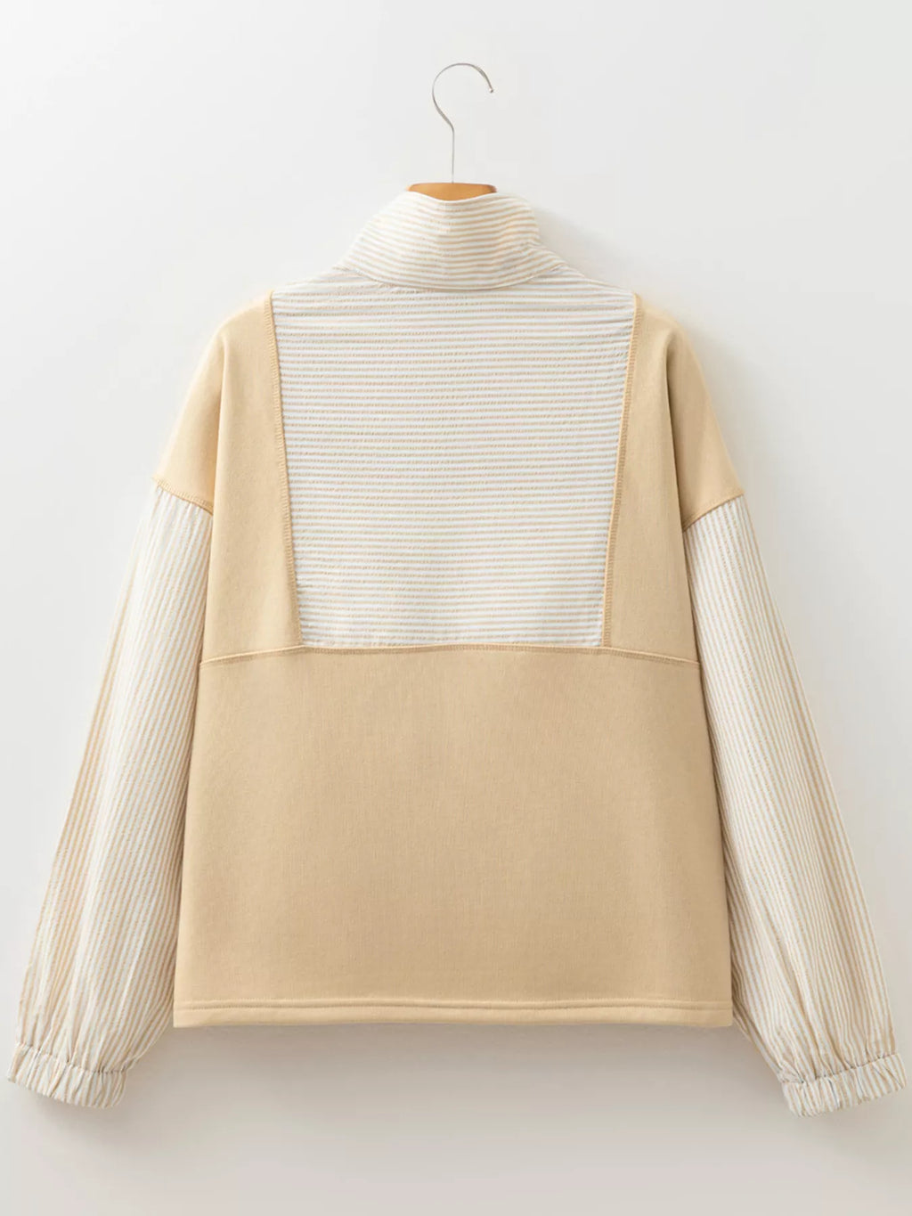 Sarah Express Women's Quarter Zip Striped Patchwork Drop Shoulder Loose Long Sleeve Top