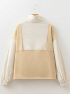 Sarah Express Women's Quarter Zip Striped Patchwork Drop Shoulder Loose Long Sleeve Top