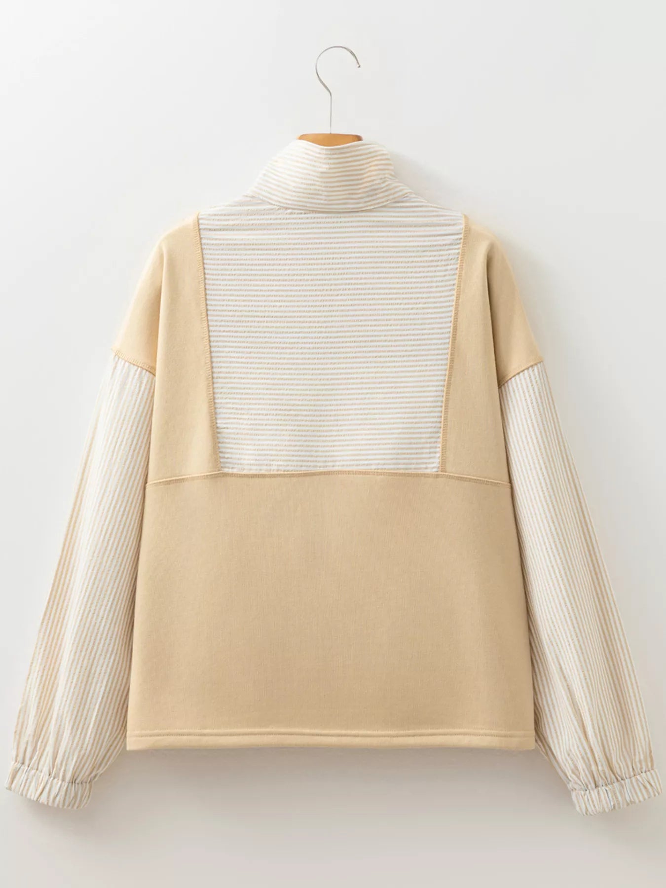 Sarah Express Women's Quarter Zip Striped Patchwork Drop Shoulder Loose Long Sleeve Top