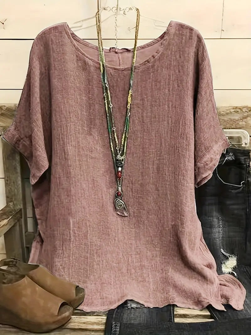Sarah Express Women's Cotton Blend Round Neck Blouse 3/4 Sleeve Loose Fit Top
