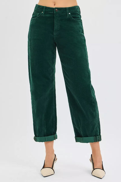 Sarah Express Women's High Rise Crop Barrel Corduroy Pants HUNTER GREEN