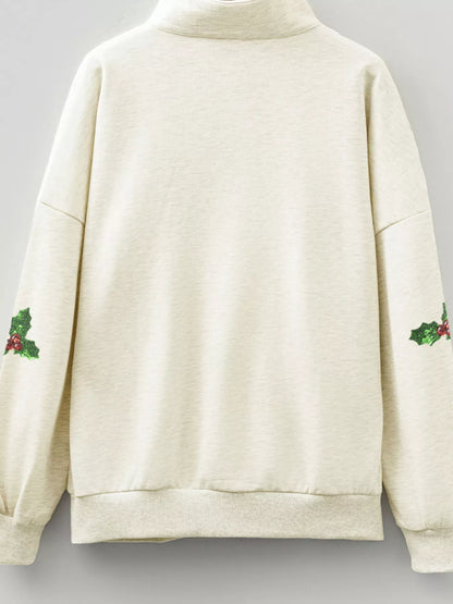 Sarah Express Women's Sequin Santa Christmas Sweatshirt - Holly Patched Striped Trim Zip V Neck