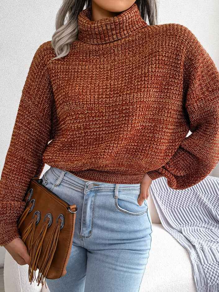 Sarah Express Women's Mixed Color Turtleneck Sweater - Lantern Sleeve Knit Pullover