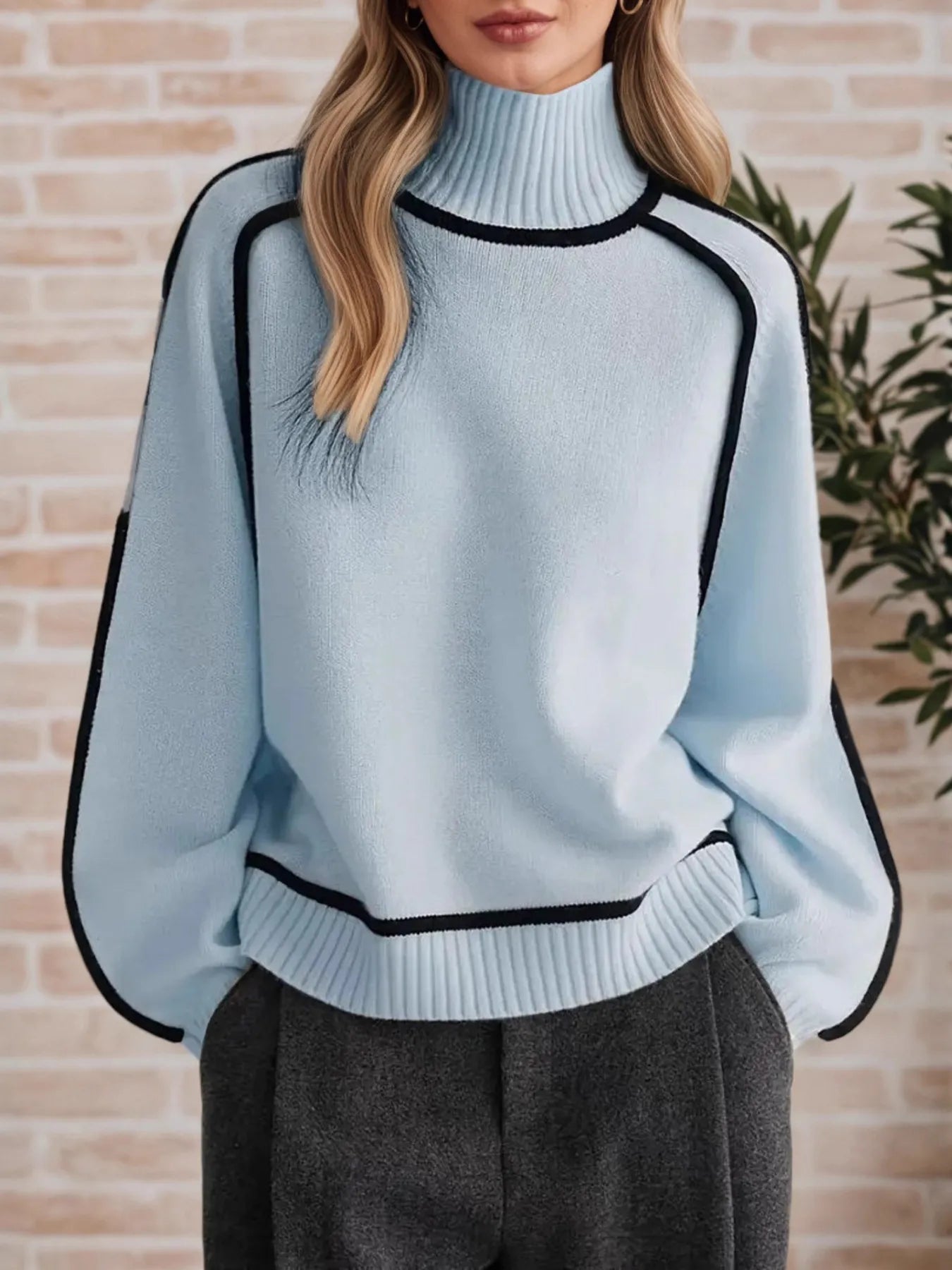 Sarah Express Women's Contrast Trim Turtleneck Sweater Light Blue