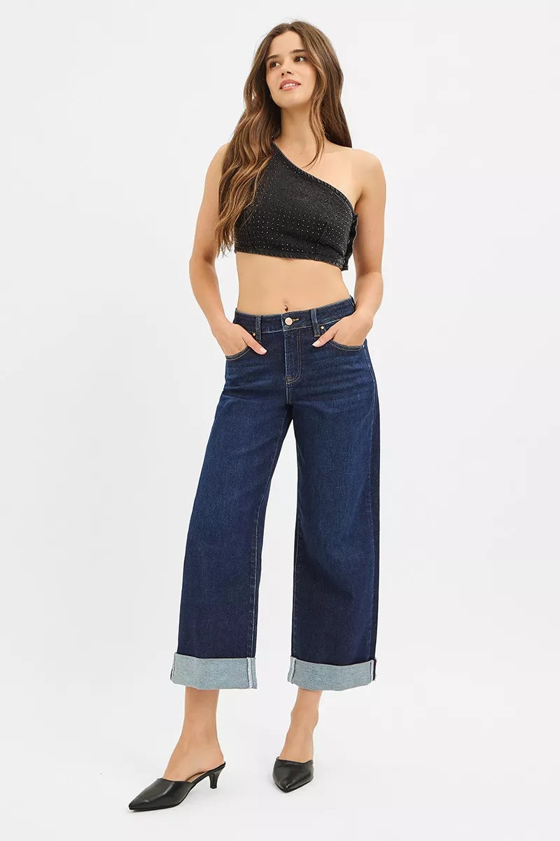 Sarah Express Women’s Mid Rise Ankle Jeans with Wide Roll Up Cuff
