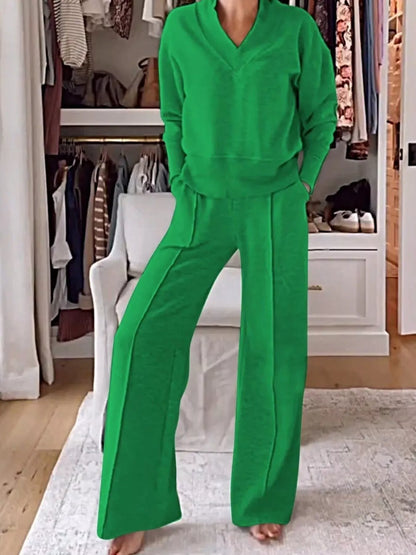 Sarah Express Women's Cozy V-Neck Top and Pants Lounge Set Green