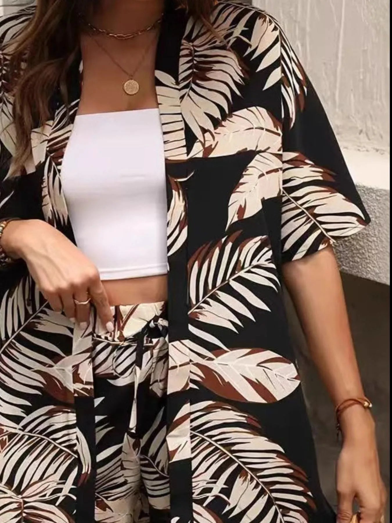 Sarah Express Women's Printed Open Front Cardigan and Shorts Set