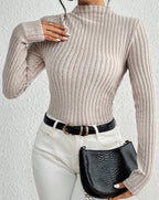 Sarah Express Ribbed Mock Neck Bodysuit Women's Long Sleeve Knit Jumpsuit Slim Fit Top