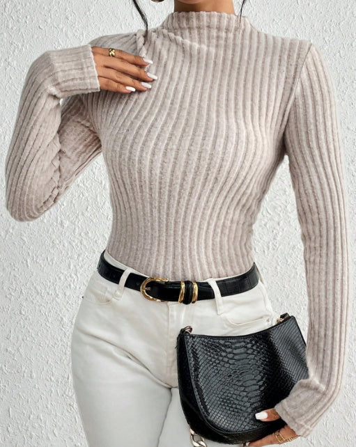 Sarah Express Ribbed Mock Neck Bodysuit Women's Long Sleeve Knit Jumpsuit Slim Fit Top