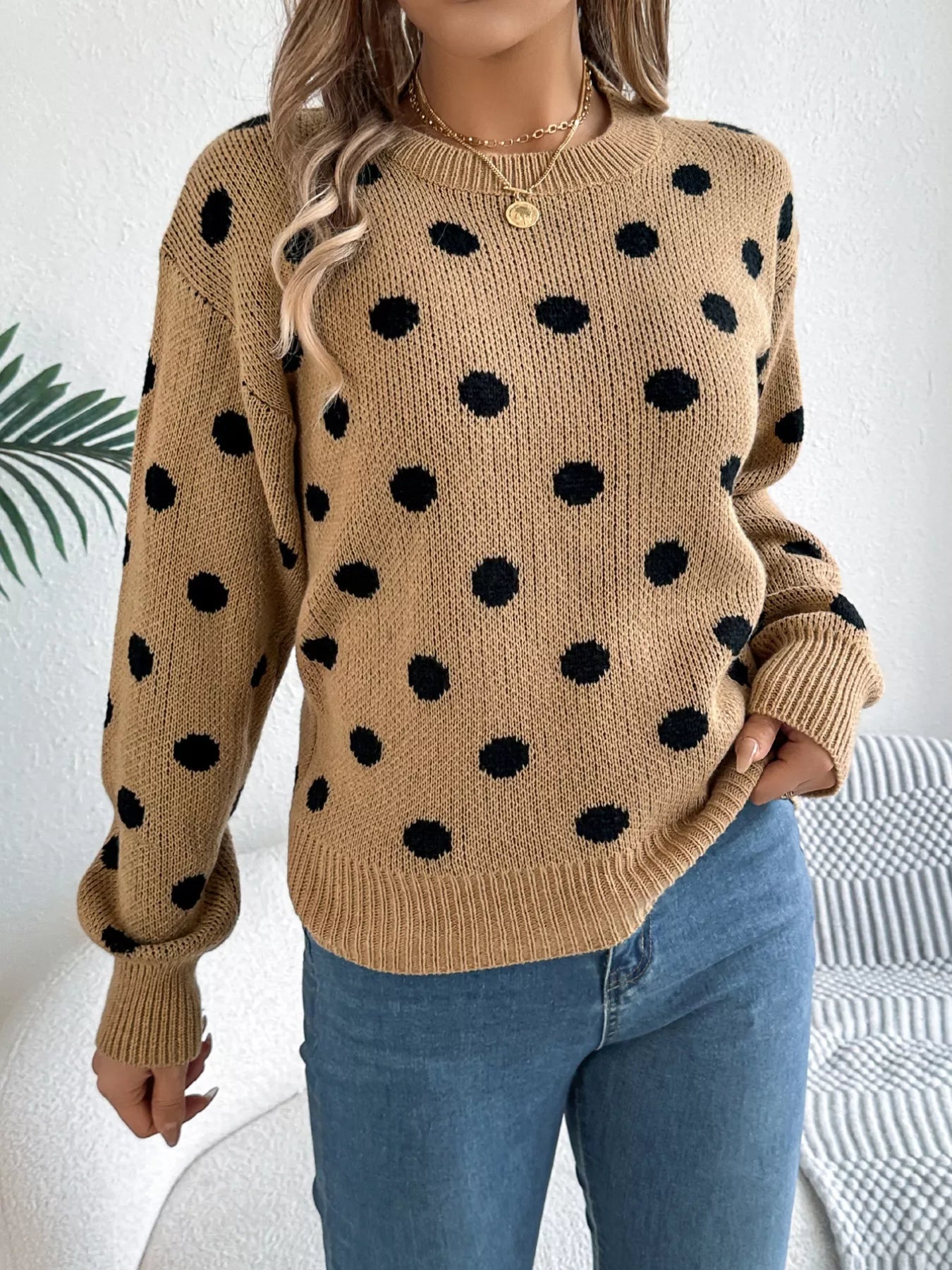 Sarah Express Women's Polka Dot Round Neck Sweater Khaki
