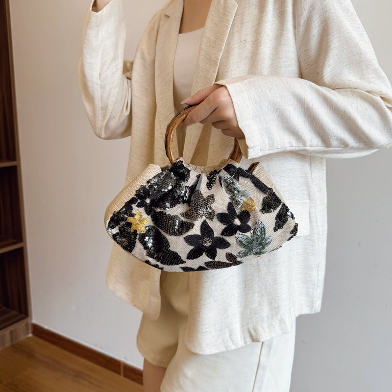 Sarah Express Bamboo Handle Tote Bag for Women - Shell Shape Shoulder Bag with Polyester Lining