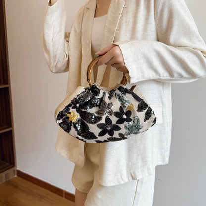 Sarah Express Bamboo Handle Tote Bag for Women - Shell Shape Shoulder Bag with Polyester Lining