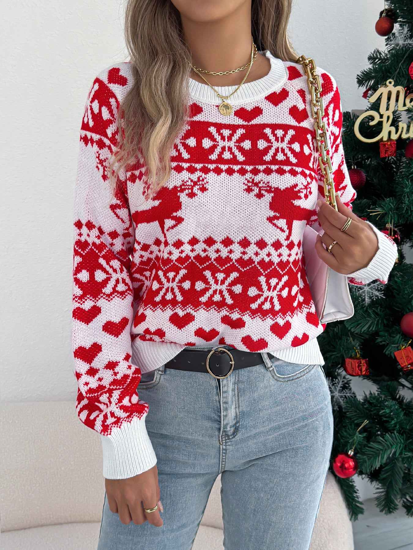 Sarah Express Women's Christmas Deer Pullover Sweater - Festive Holiday Knit Long Sleeve
