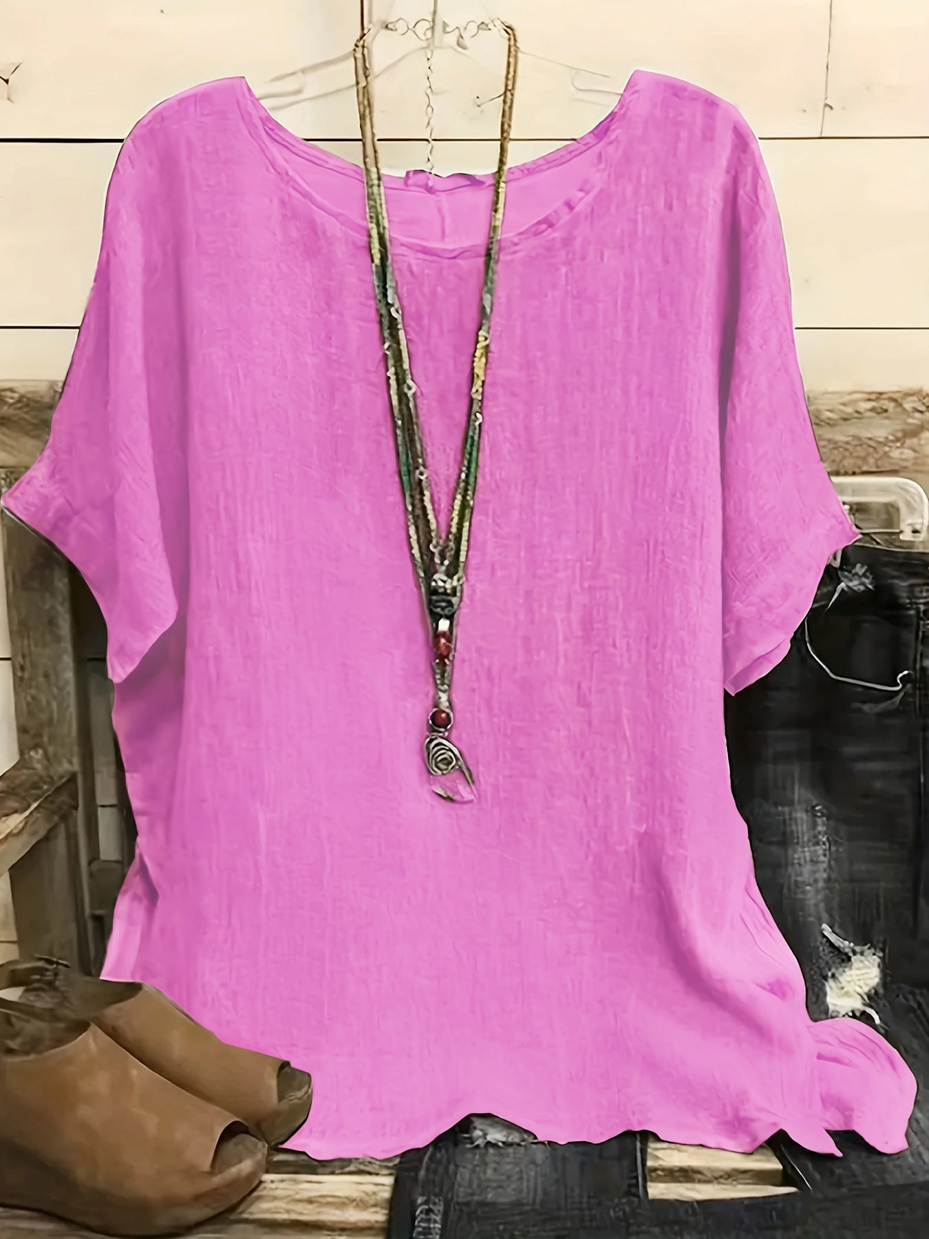 Sarah Express Women's Cotton Blend Round Neck Blouse 3/4 Sleeve Loose Fit Top