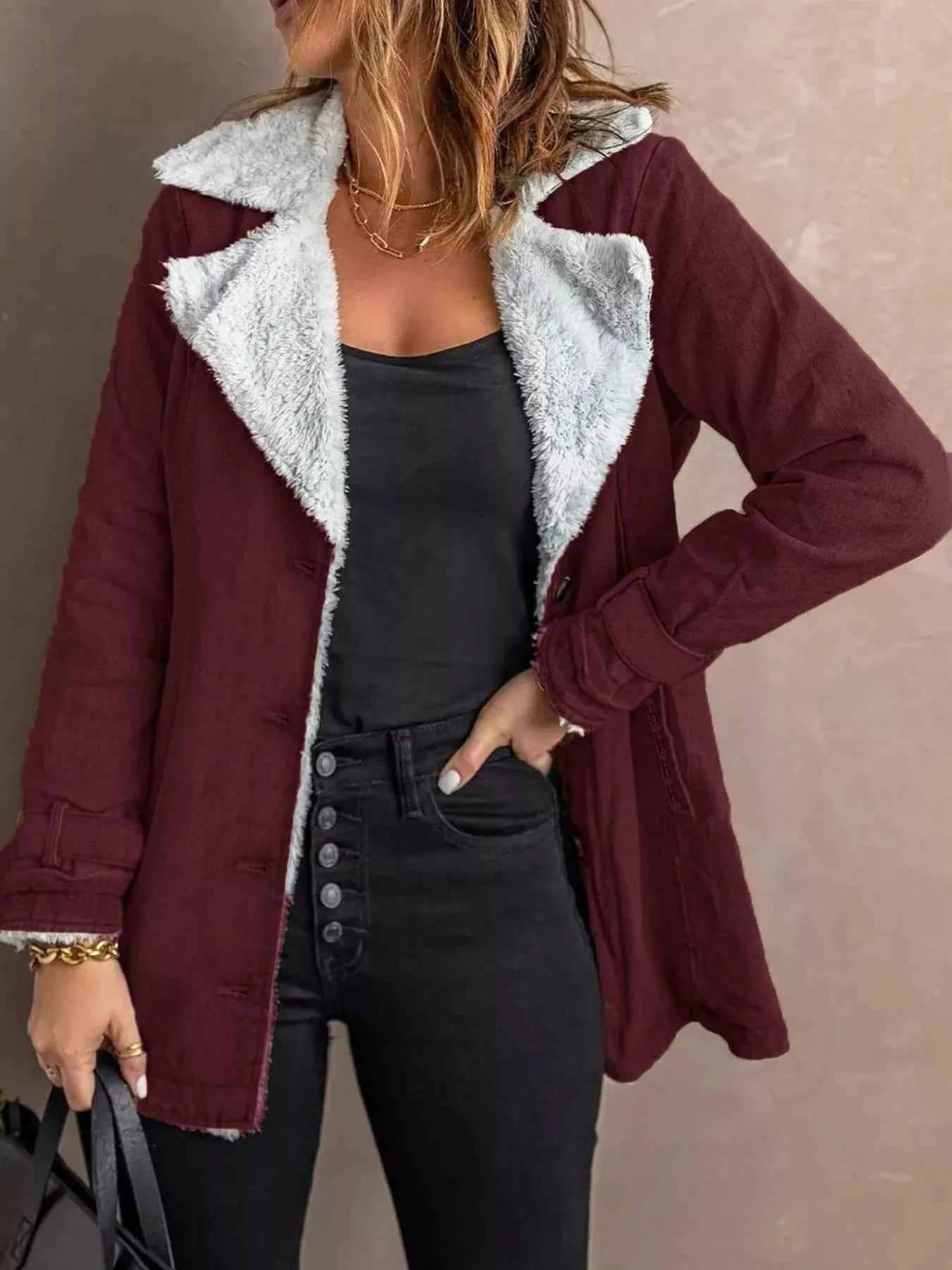 Sarah Express Women's Sherpa Lined Button Up Jacket - Cozy Fleece Outerwear Plus Size Deep Red