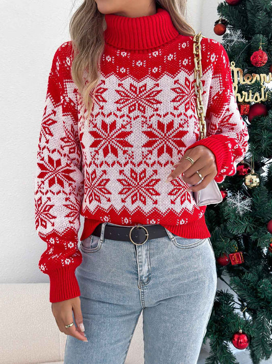Sarah Express Women's Snowflake Pattern Turtleneck Sweater - Lantern Sleeve Pullover Knit