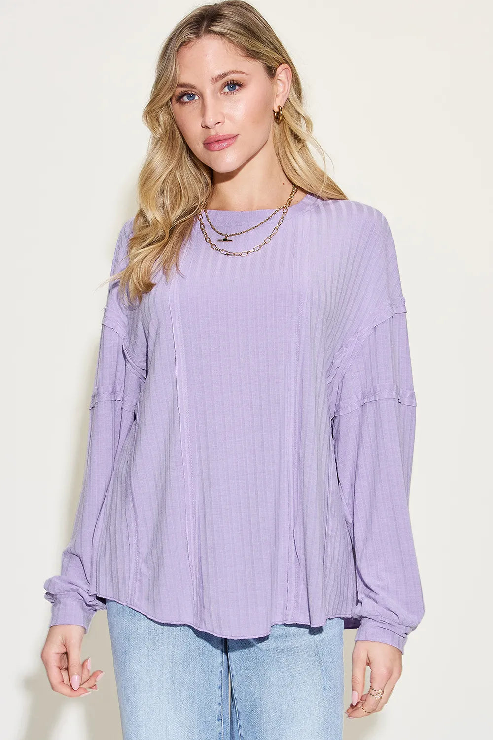 Sarah Express Women’s Plus Size Ribbed Long Sleeve T-Shirt with Exposed Seam
