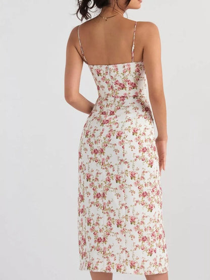 Sarah Express Women's Floral Print Lace Trim Slit Midi Dress