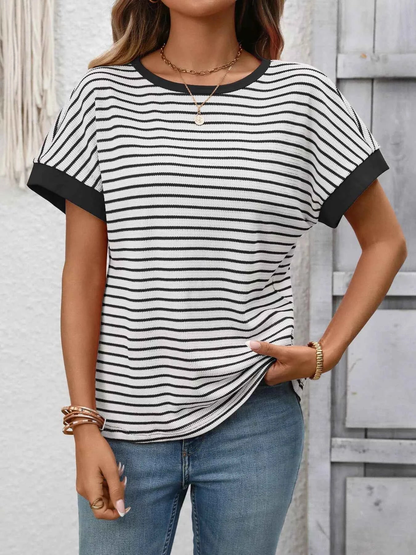 Sarah Express Women's Striped Ribbed Knit Short Sleeve T-Shirt