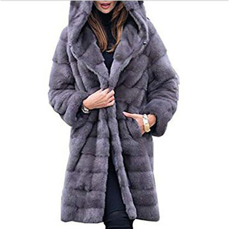 Sarah Express Plush Faux Fur Hooded Coat Loose Fit Medium Length