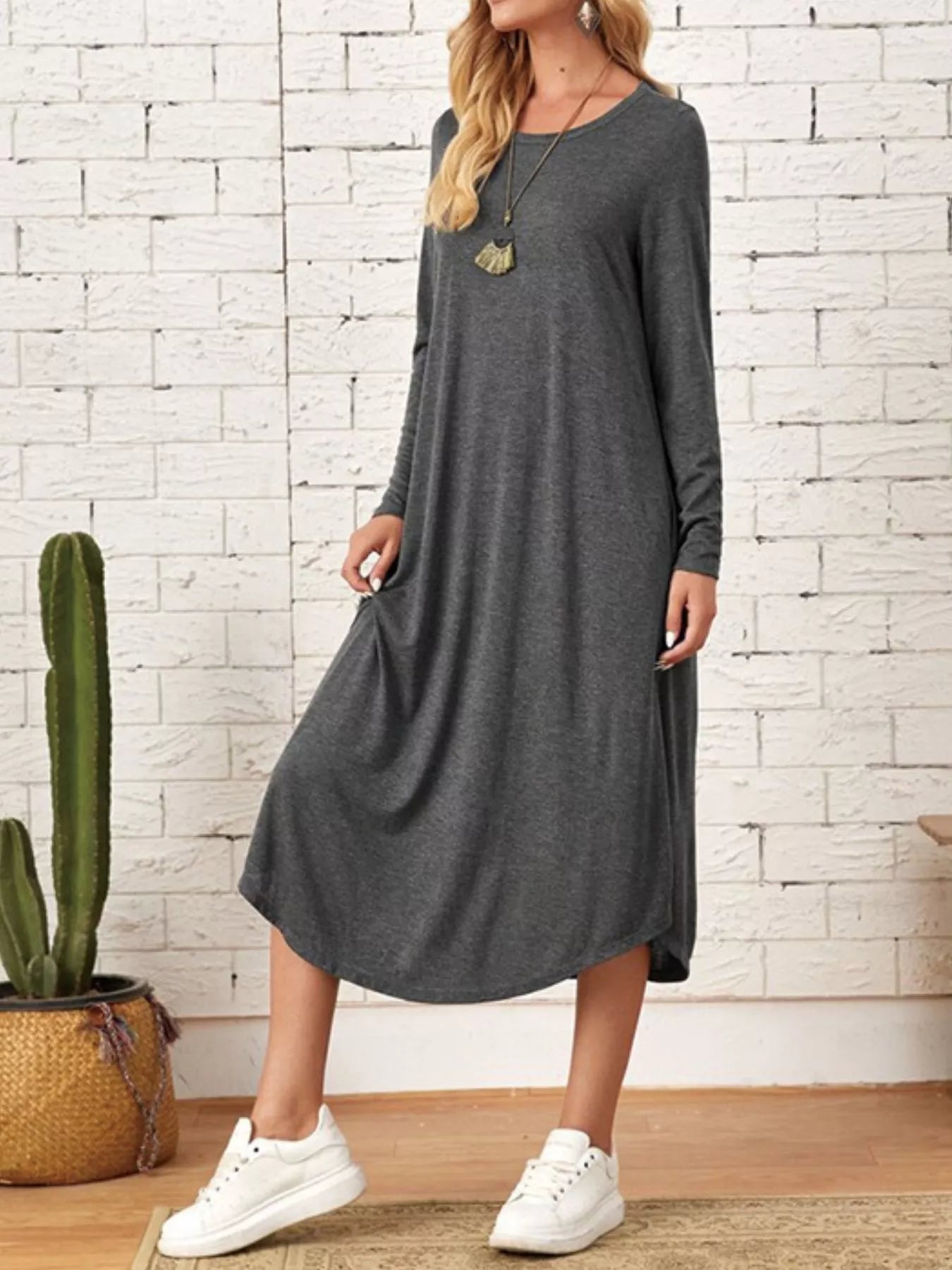 Sarah Express Women's Casual Long Sleeve Pocket Midi Dress Dark Gray