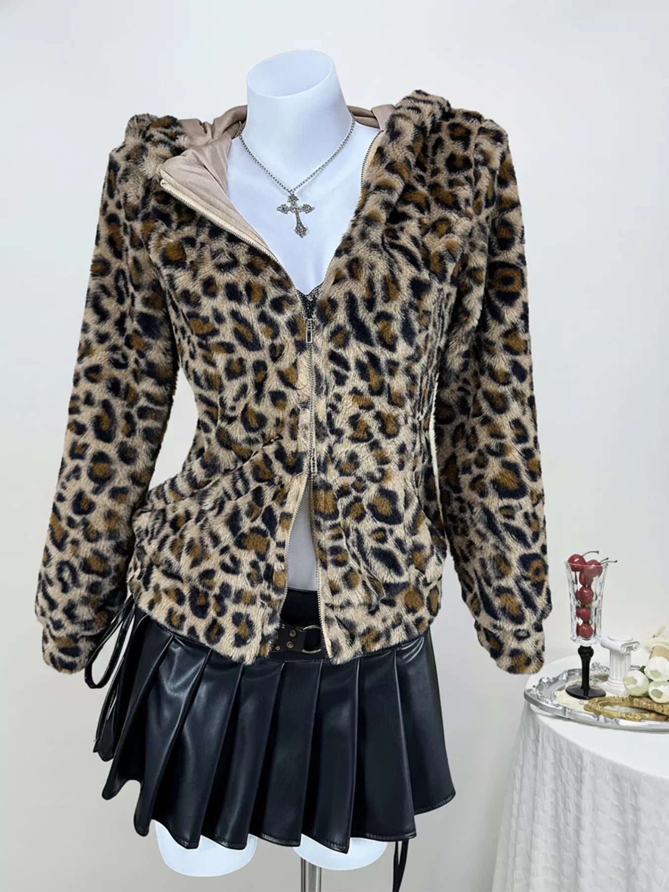 Sarah Express Women's Leopard Plush Zip-Up Hooded Jacket Brown