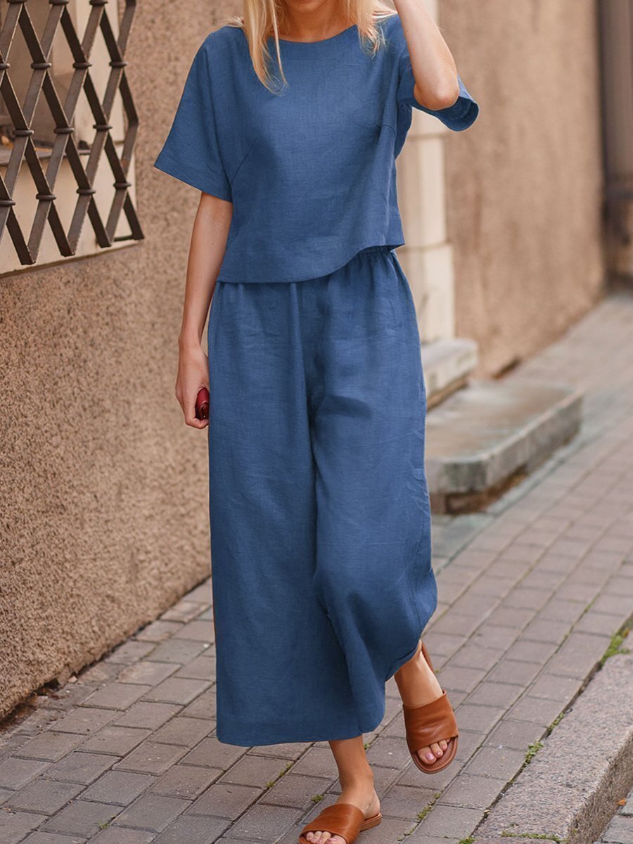 Sarah Express Cotton Linen Two-Piece Set Casual Loose Top Pants Outfit