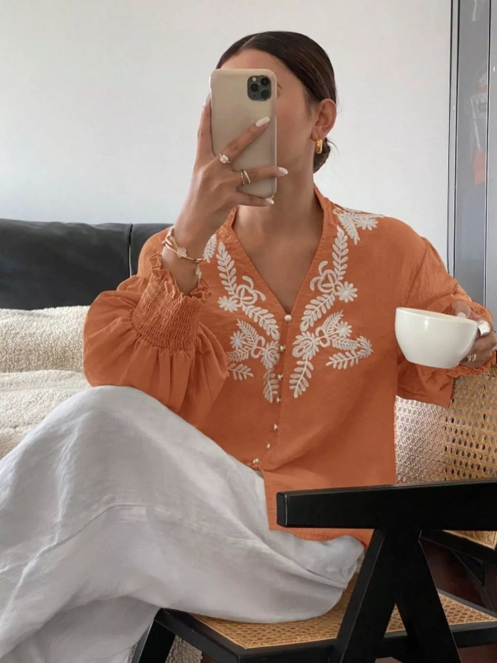 Sarah Express Women's Embroidered Long Sleeve Blouse