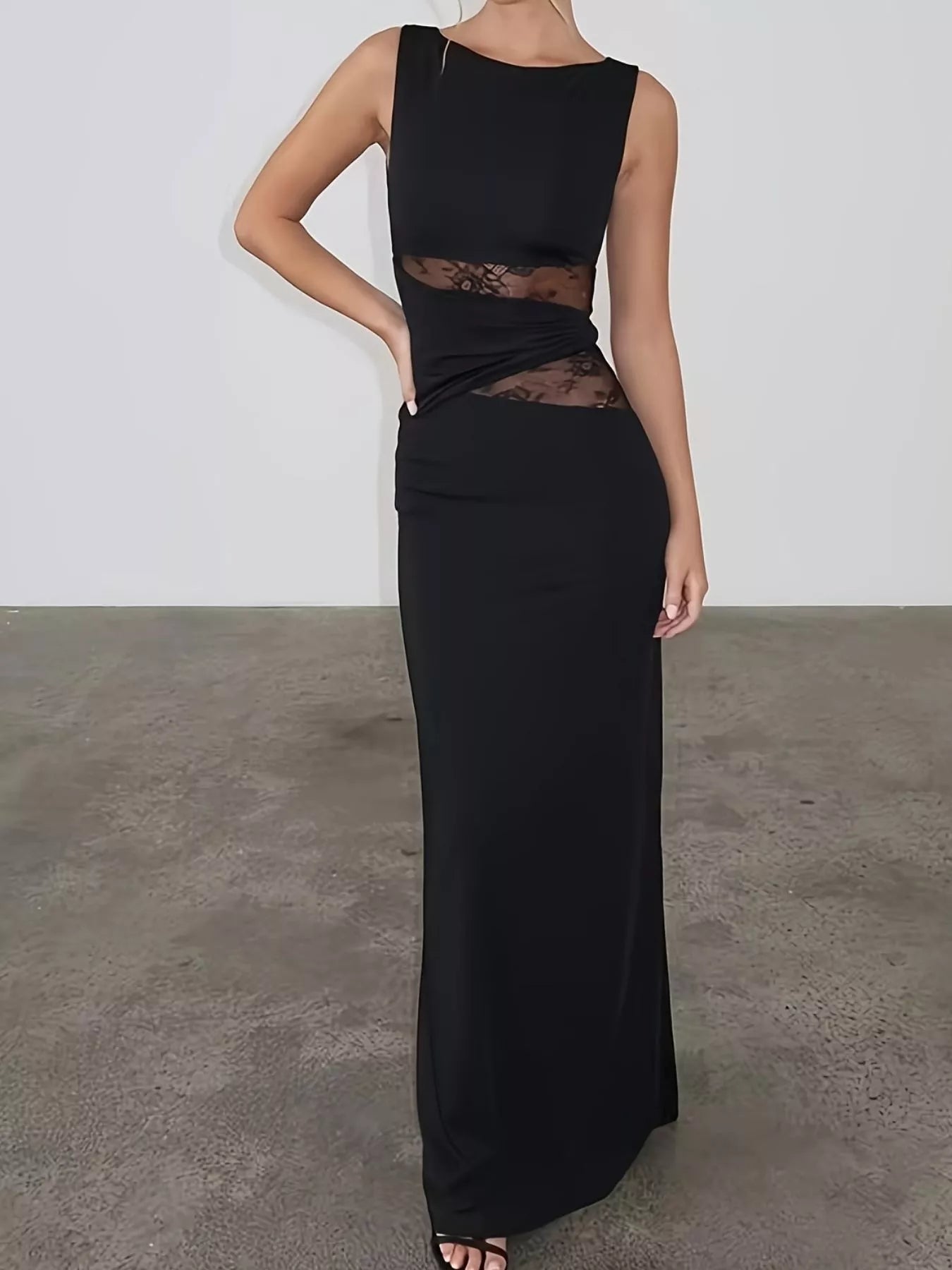 Sarah Express Women's Lace Cutout Sleeveless Maxi Dress