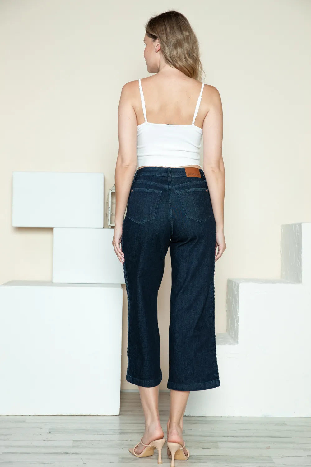 Sarah Express Women’s Plus Size High Rise Crop Wide Leg Jeans with Braid Detail
