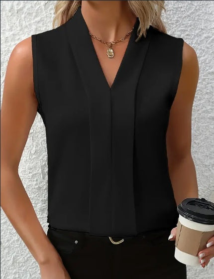 Sarah Express Women's Sleeveless V-Neck Blouse Elegant Polyester Top