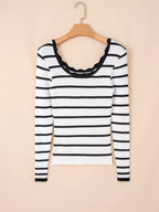 Sarah Express Women's Scalloped Trim U Neck Striped Ribbed Slim Knit Top